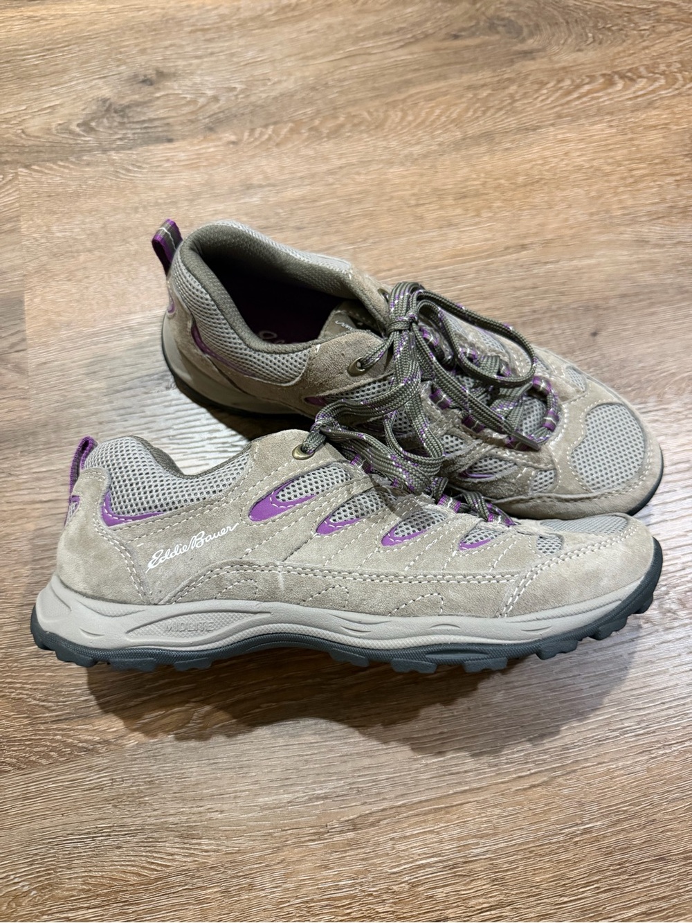 Eddie Bauer Women's Tan Suede Trail Shoes with Purple Accents, Size 7